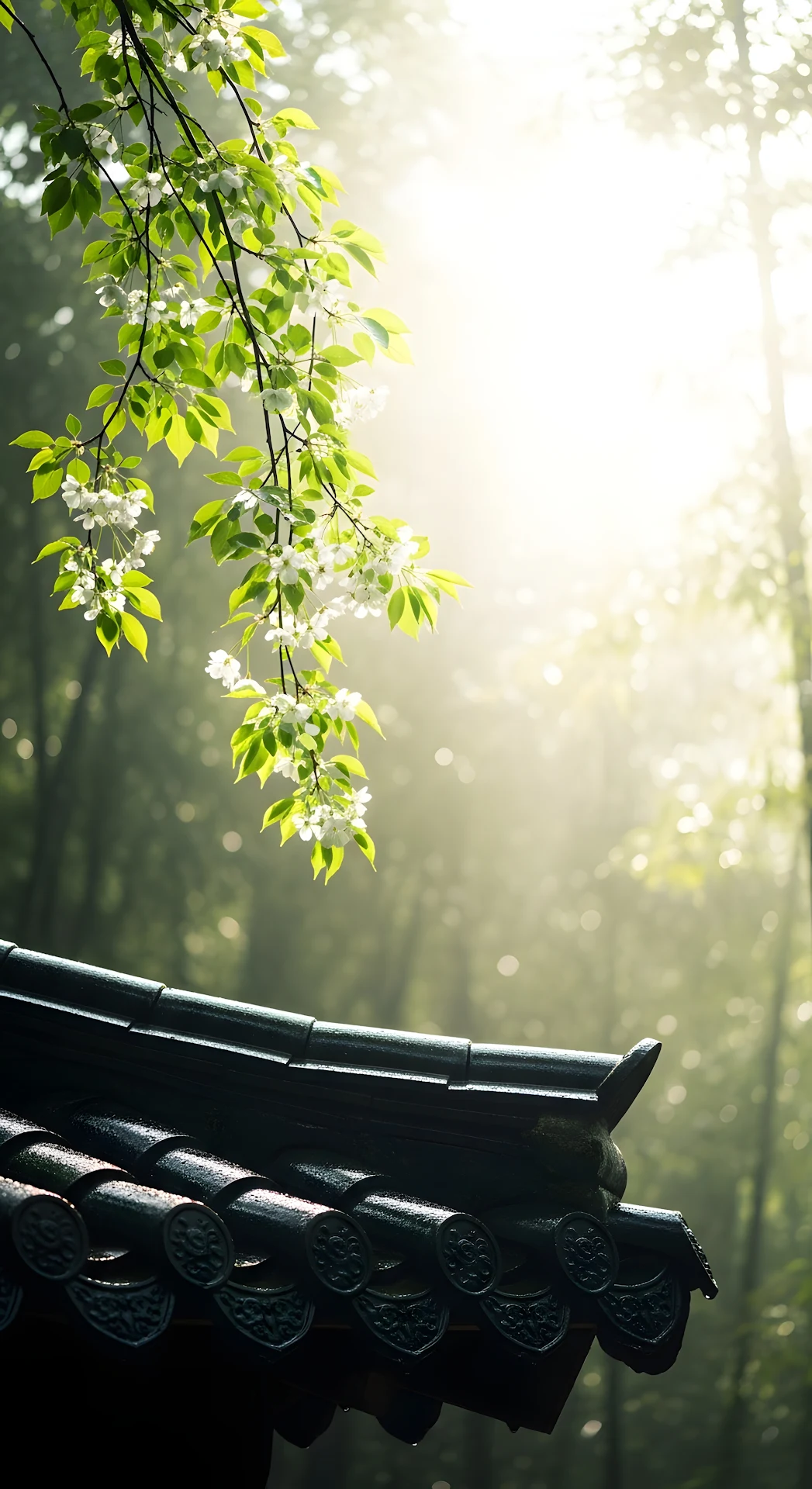 White Flowers Hanging Over a Traditional Tiled Roof in a Sunlit Misty Forest - Free 4K mobile Wallpaper