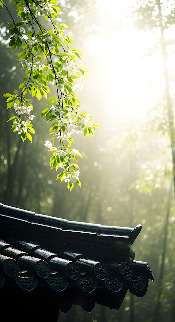 White Flowers Hanging Over a Traditional Tiled Roof in a Sunlit Misty Forest - Free mobile Wallpaper