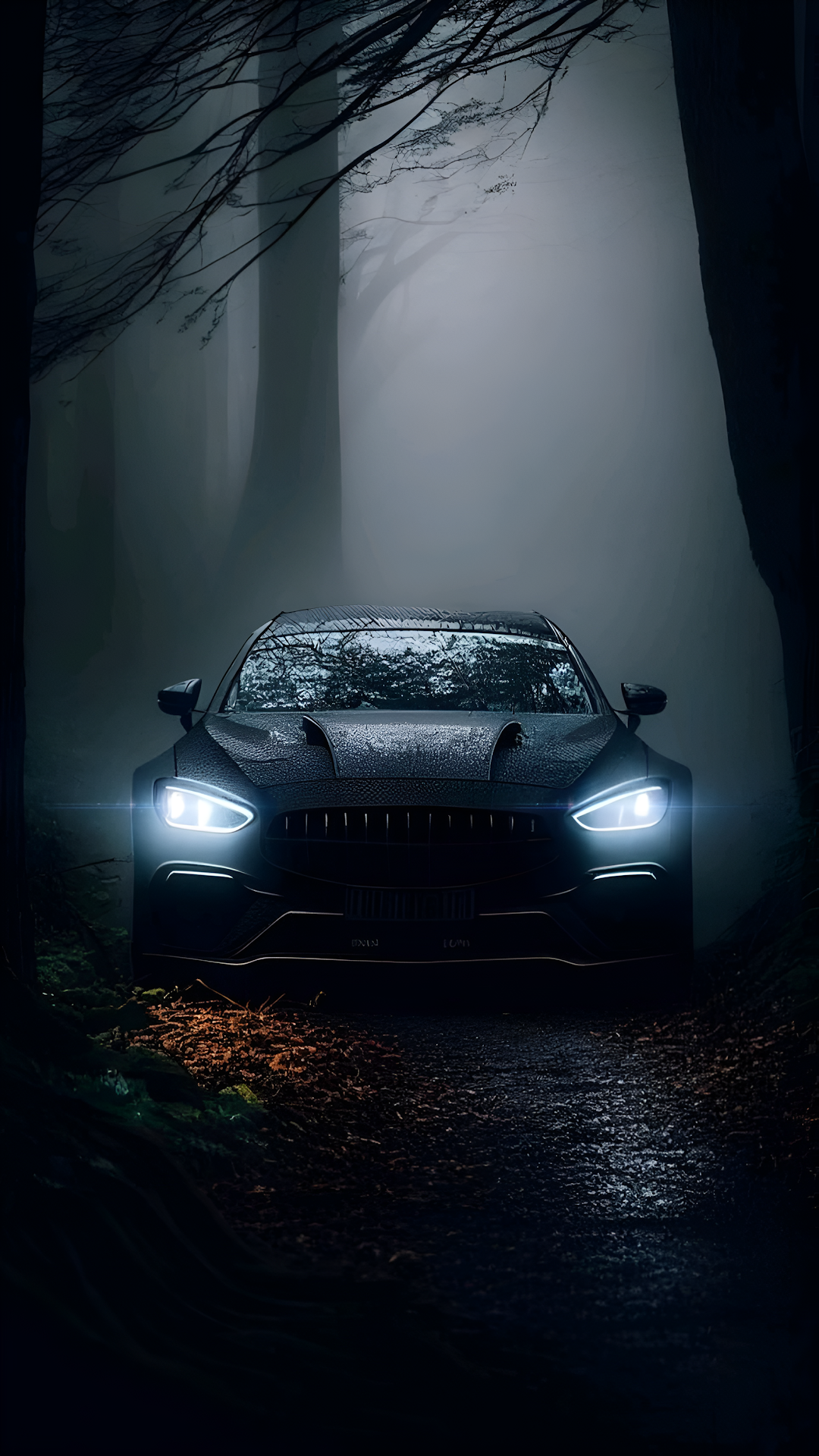Luxury Sports Car Headlights in Dark Misty Forest Road - Free 4K mobile Wallpaper