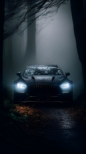 Luxury Sports Car Headlights in Dark Misty Forest Road - Free mobile Wallpaper