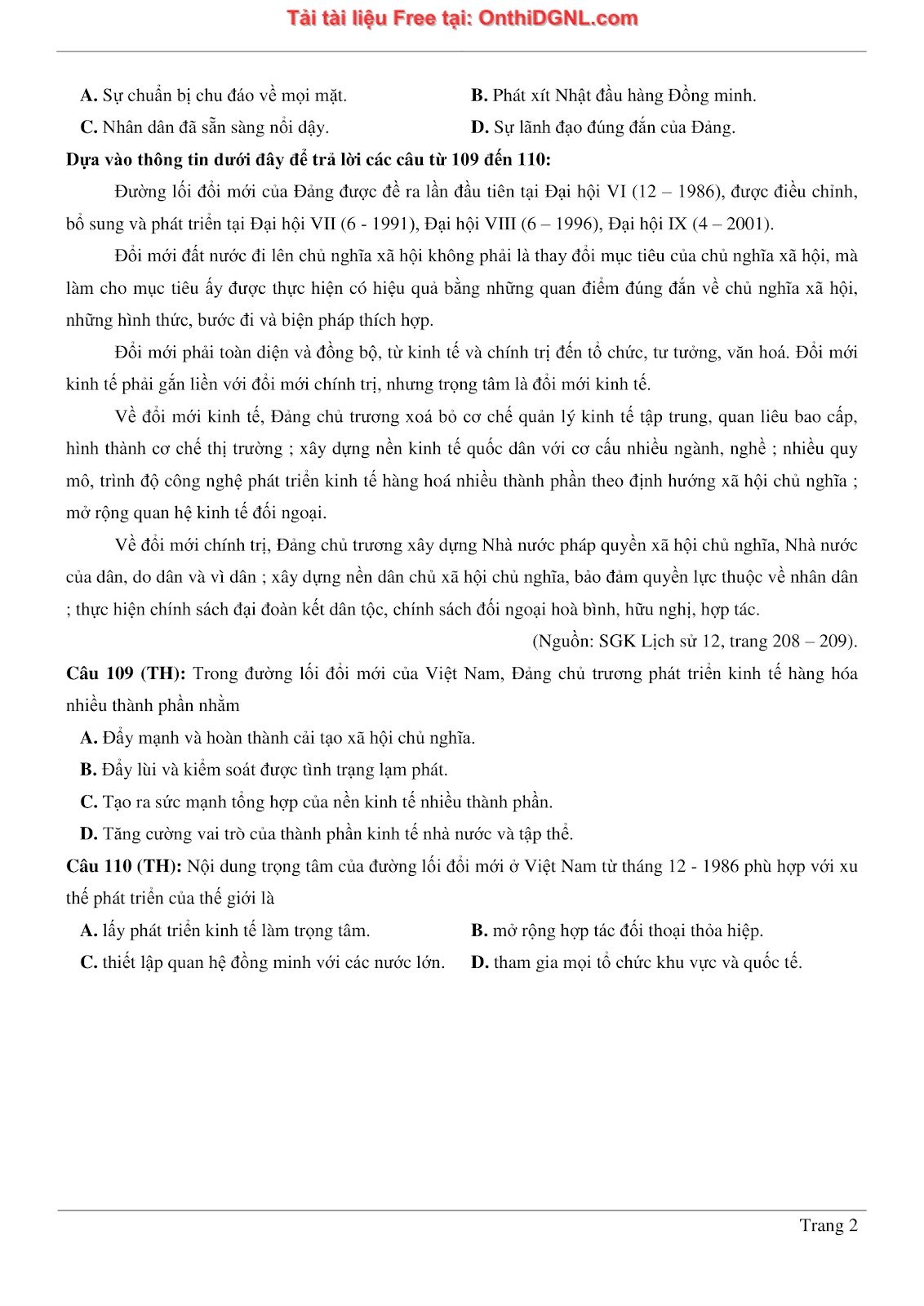 150 bài tập môn Sủ- Ôn thi ĐGNL ĐHQG HN Phần 9