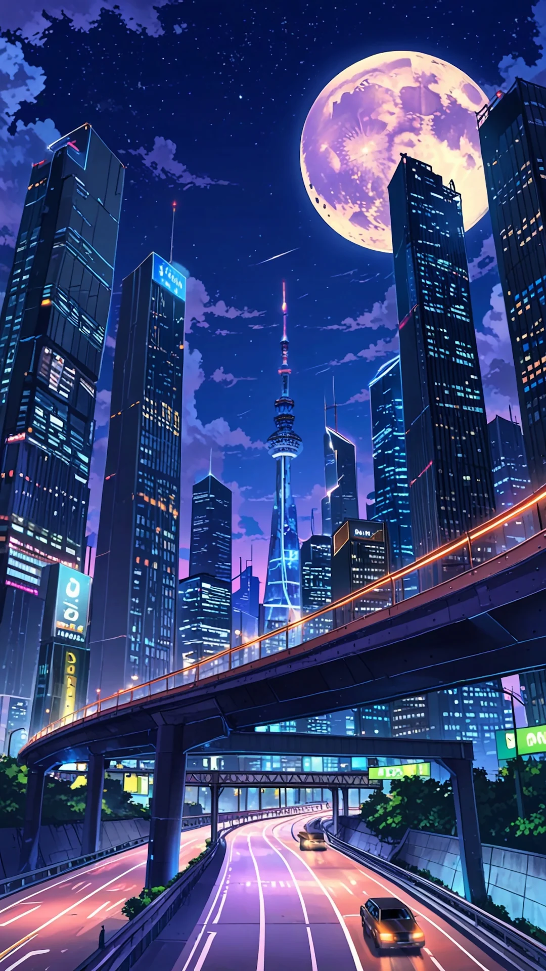 Futuristic city skyline under giant moon with glowing highways - Free 4K mobile Wallpaper