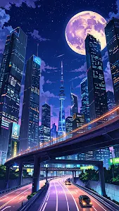 Futuristic city skyline under giant moon with glowing highways