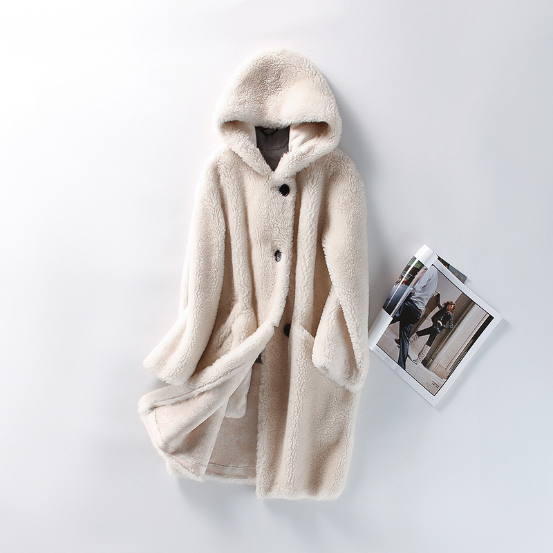 Women's Faux Shearling Coat with Hood, Mid-Length