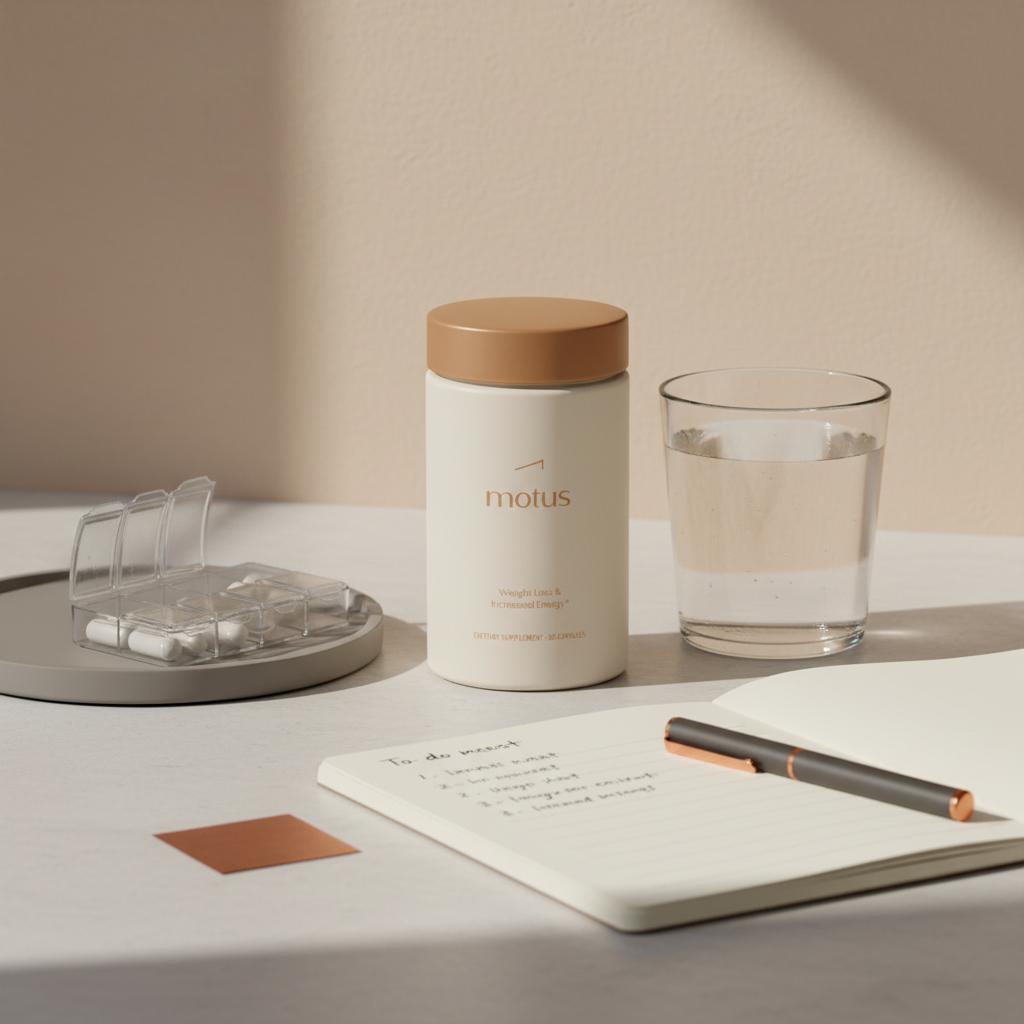 Kitchen counter with Tonum Motus container, small pill organizer, glass of water and open notebook illustrating an oral daily routine for Ozempic fatty liver.