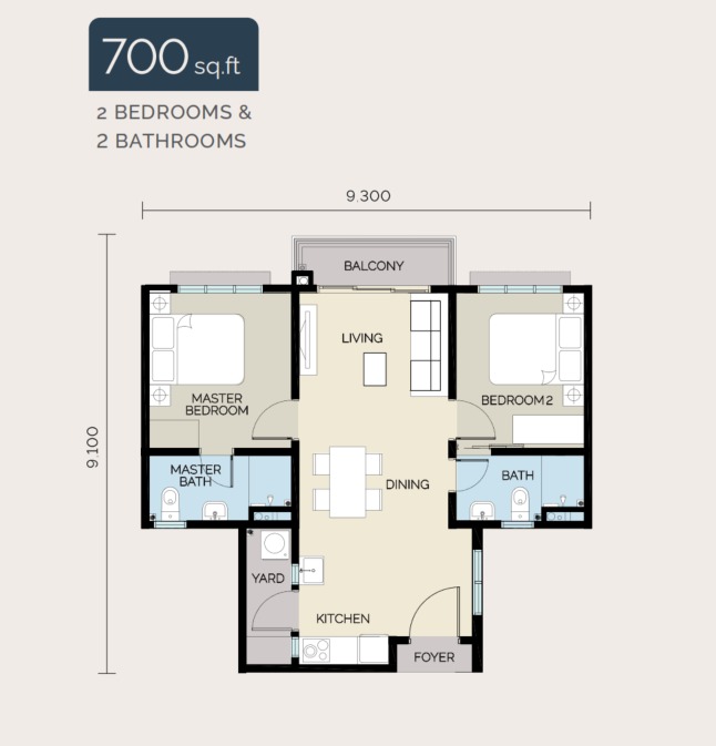 Wyn Type A floor plan — 700 sq ft, 2 bedrooms