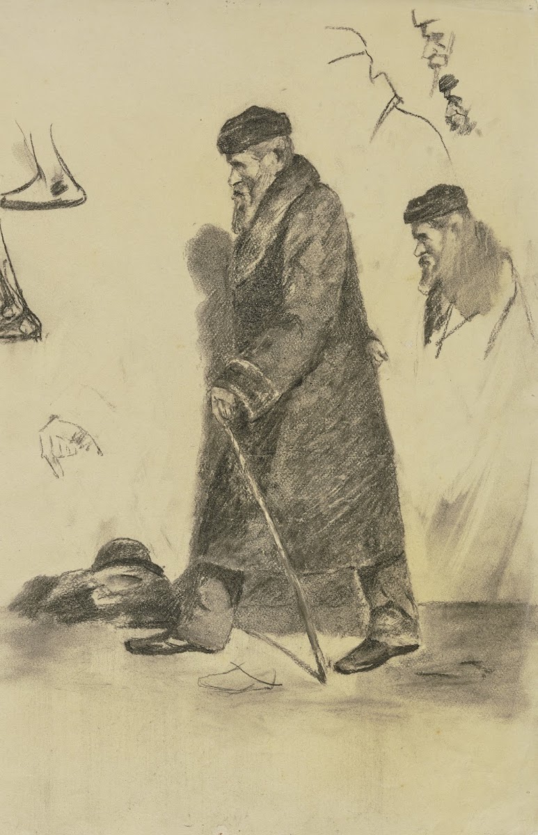 Gehender Mann in Mantel und Pelzmütze