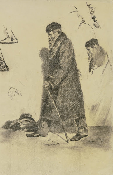 Gehender Mann in Mantel und Pelzmütze