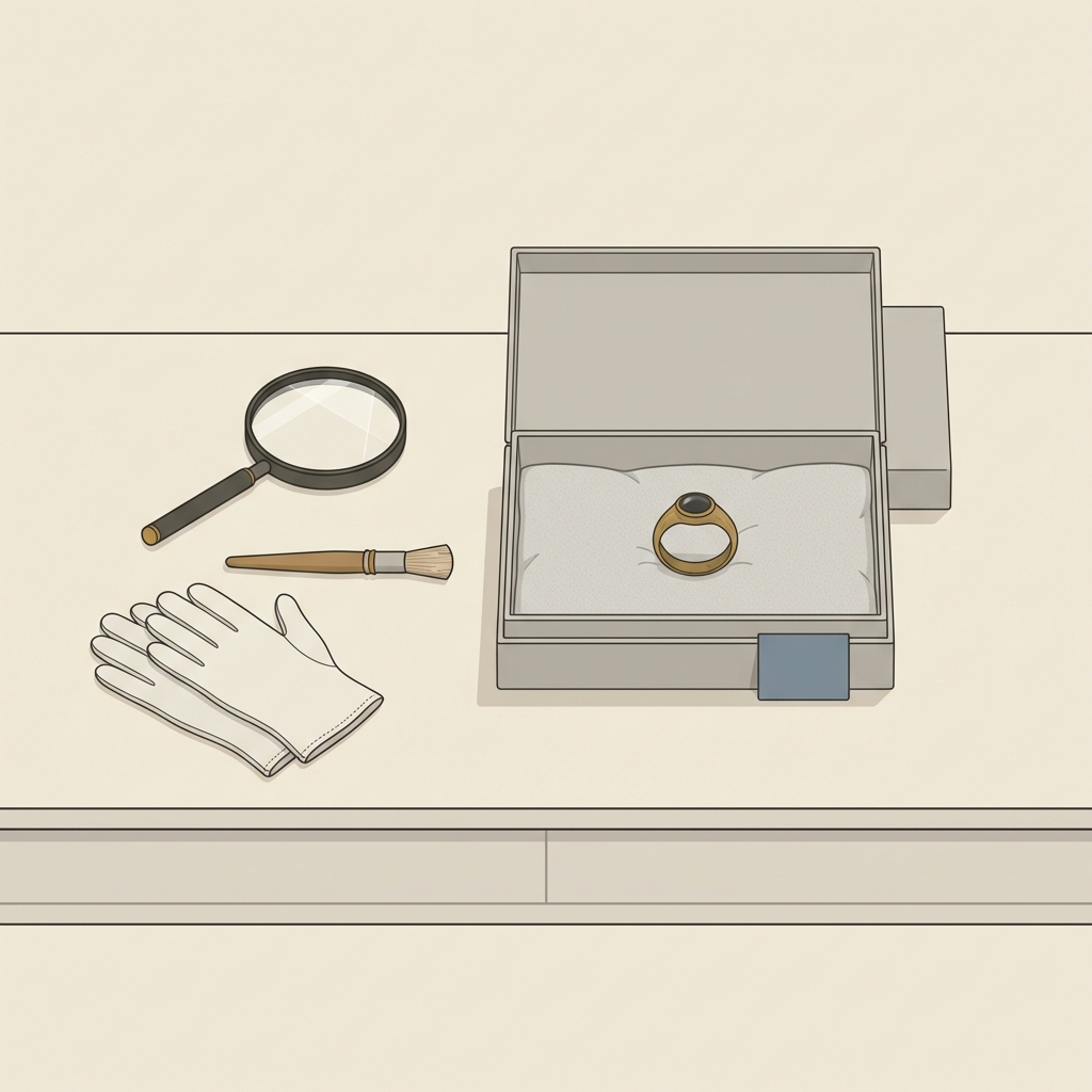 Minimalist 2D vector of a conservator bench with gloves brush magnifier and an archival box holding an Ancient Rings artifact on a pale beige background
