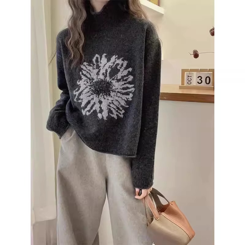 Women's turtleneck sweater, Jacquard pattern, loose