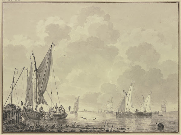 Ruhige See mit vielen Schiffen links an einem Damm eine Barke und Boot rechts ei
