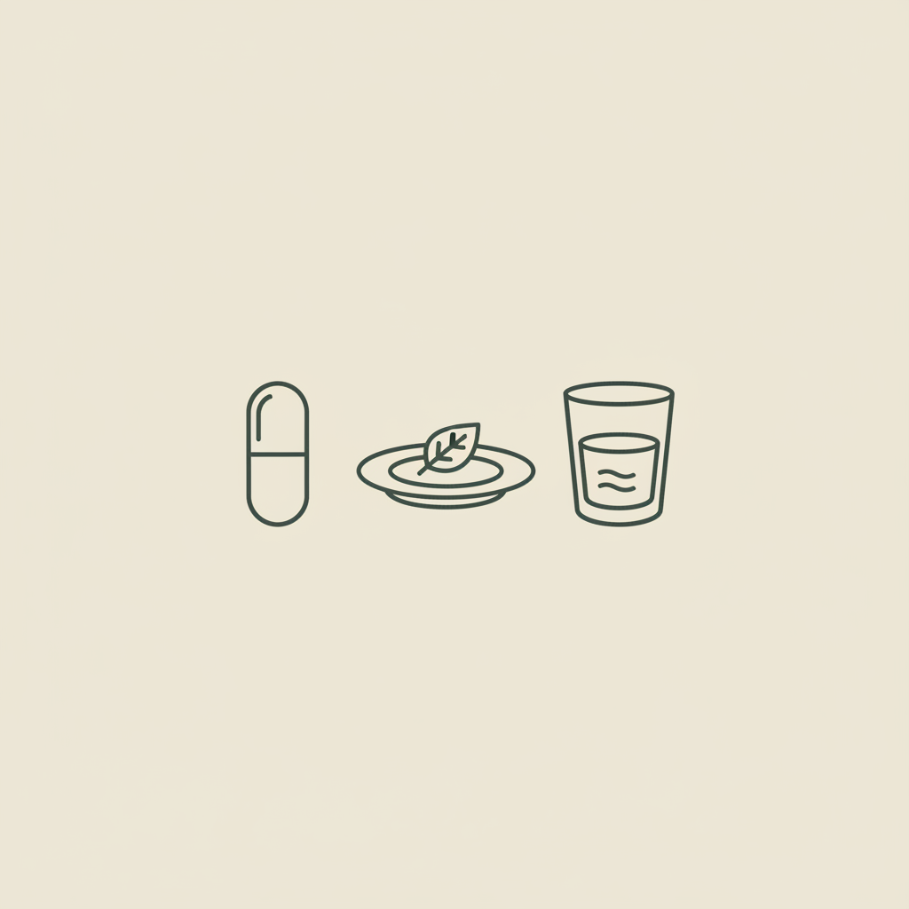 Minimal vector line-art of a capsule, a small plate with a modest portion, and a glass of water on beige background — best fat burner for men
