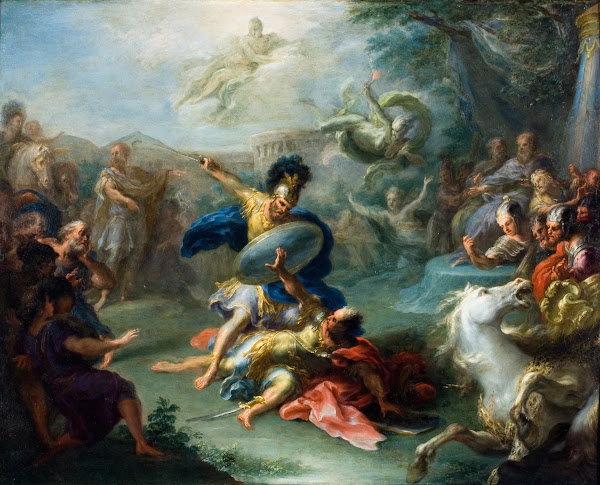 The Fight Between Aeneas and King Turnus From Virgils Aeneid Circa 1700