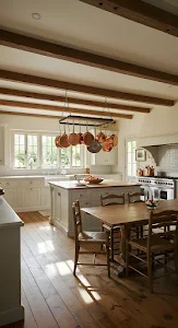 Farmhouse Kitchen Dining Area with Wood Beams and Copper Pots