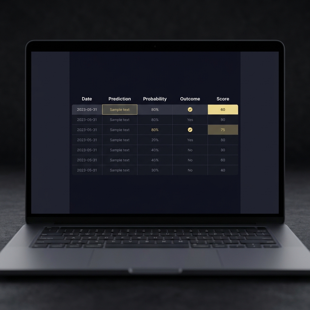 Minimalist laptop screen showing a tracker table with columns date prediction probability outcome and score illustrating How to Track Your Progress During an Evaluation in Funded Plays brand colors