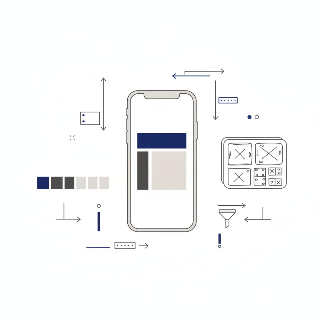 Minimal vector desk layout with phone, color swatches and thumbnail sketches illustrating the 3 second rule on Instagram content planning on a clean white background