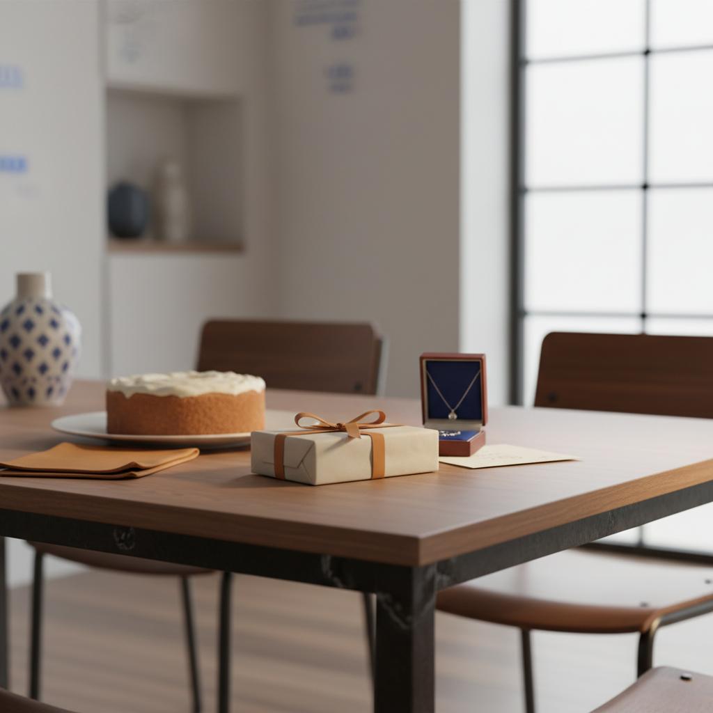 Intime Esstischszene mit kleinen persönlichen Geschenken und einfachem Kuchen in Steelmonks-Farben, warmes Licht – was tun wenn mein freund mir nichts schenkt valentinstag