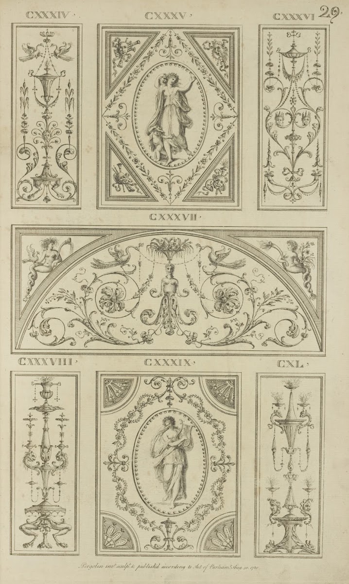 Central tympanum shaped design with womans torso and curling vegetal shapes 1777