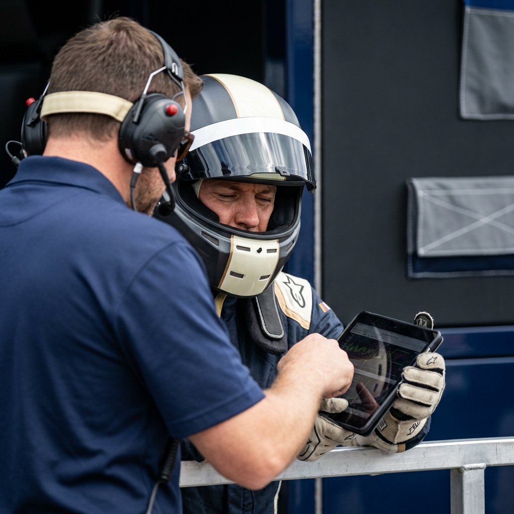 Close up of a NASCAR driver and race engineer reviewing telemetry on a pit box tablet in minimalist Funded Plays style nascar expert picks