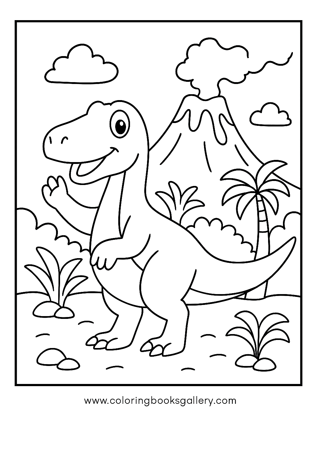 Explore the Excitement of Dinosaur Coloring: Cartoon Iguanodon Under the Volcano Sky – free coloring page for kids