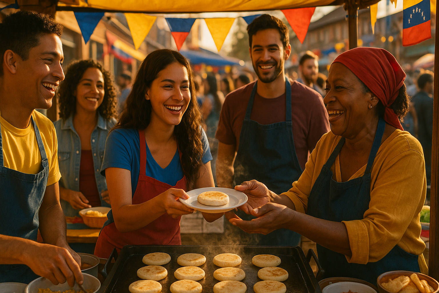 Venezolanos reunidos en un mercado internacional preparando arepas