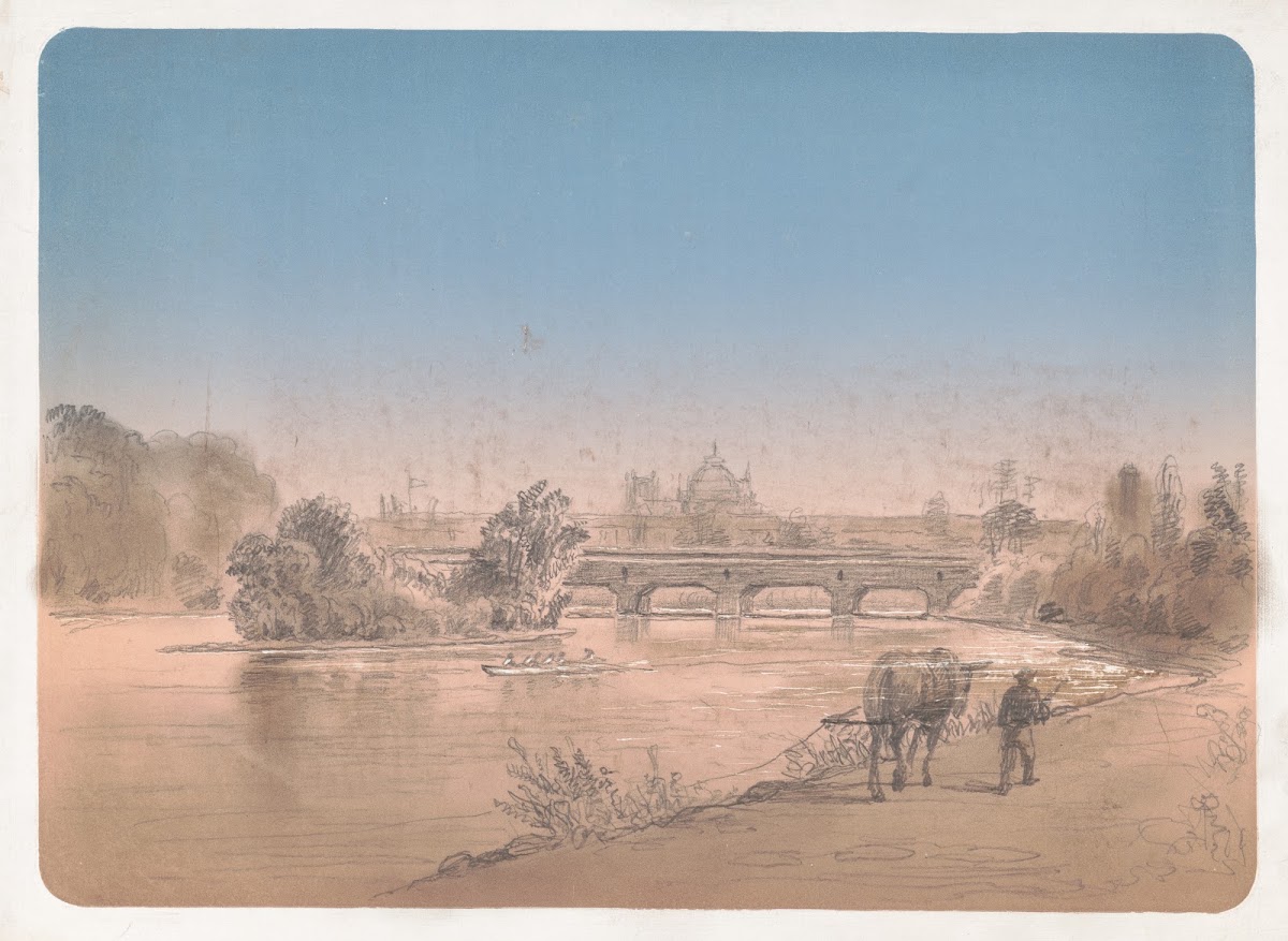 Man walking with mule on a footpath along the shore of the Schuylkill River 1873