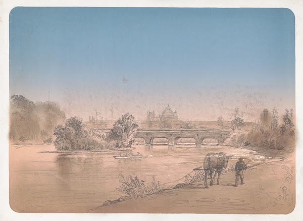 Man walking with mule on a footpath along the shore of the Schuylkill River 1873