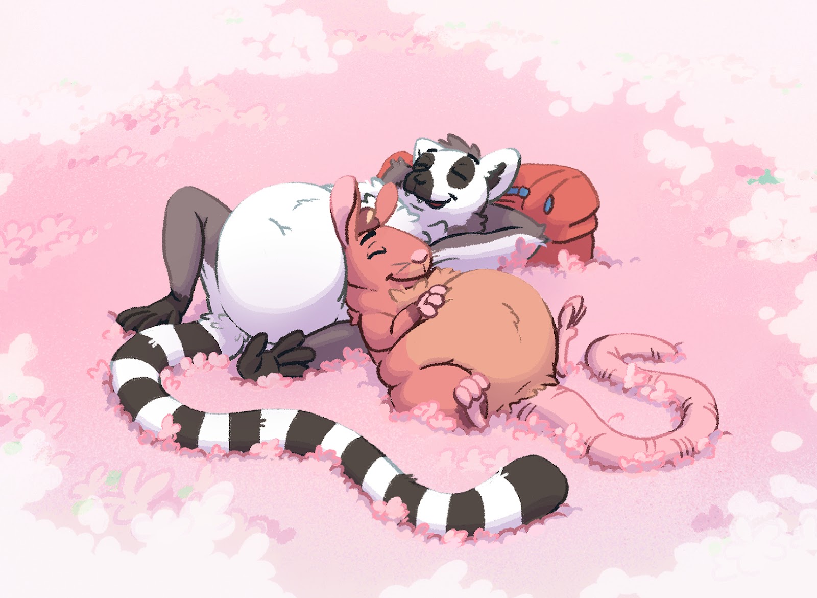 A chonky lemur and rat lying serenely in a field of blossoms