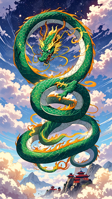 Emerald Celestial Dragon Coiled Above Mountain Temples - Free mobile Wallpaper