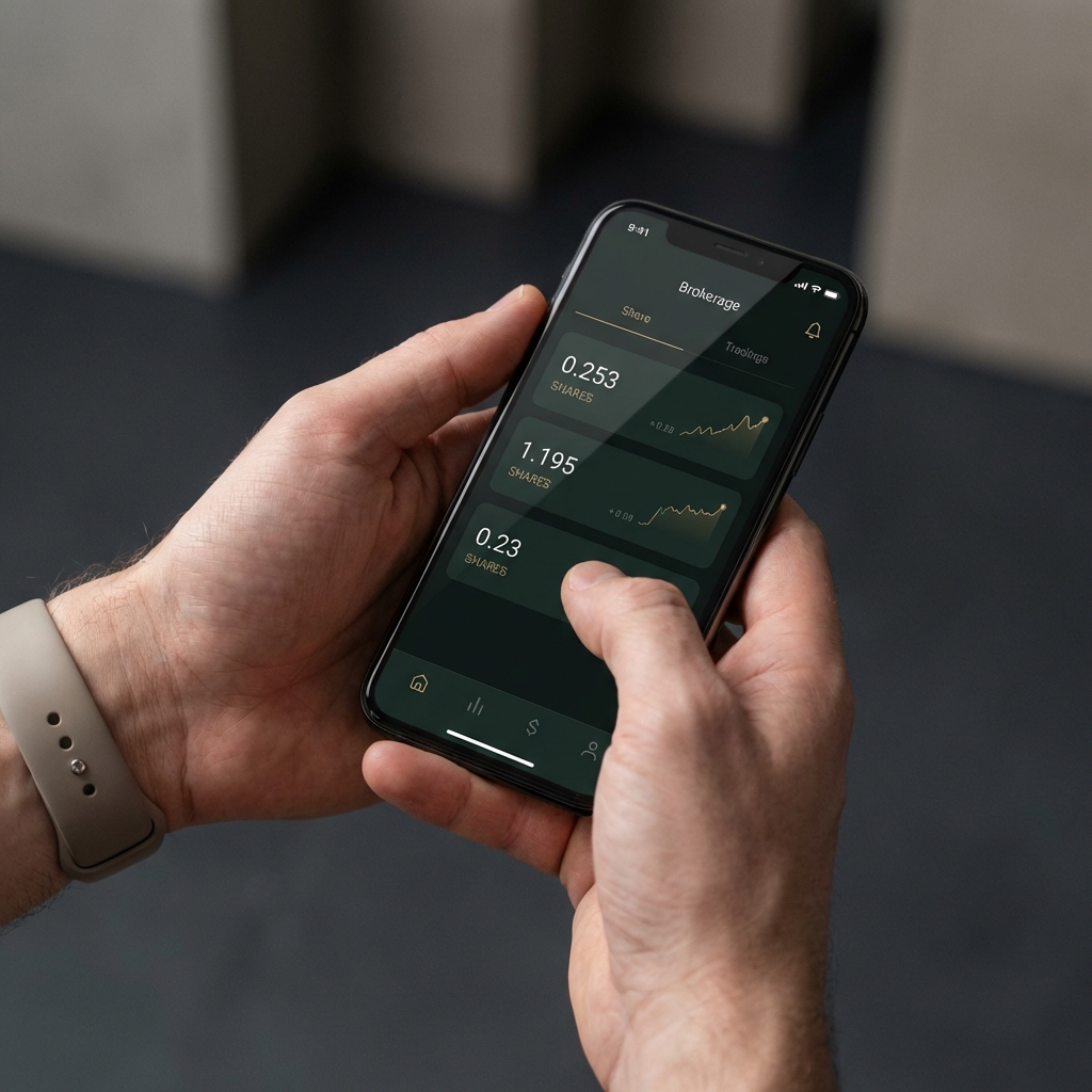 Close up of hands holding a phone showing a brokerage app displaying fractional shares how to invest into stocks for beginners Finance Police minimalist dark background