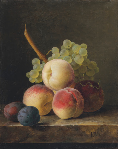 Nature morte aux pêches raisins et quetsches sur un entablement