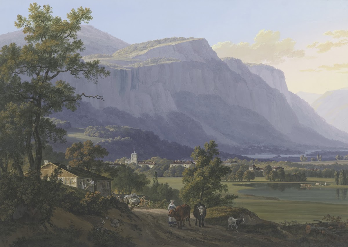 Vue de la ville de St Jeoire à 5 lieus de Genève et des Montagnes de Machily et