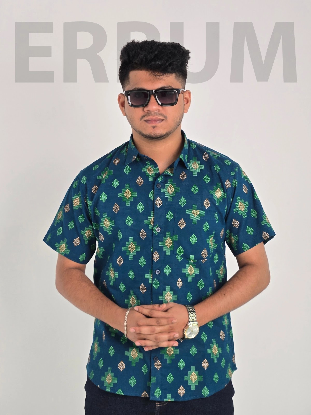 Errum Cotton Half Shirt - Teal Blue