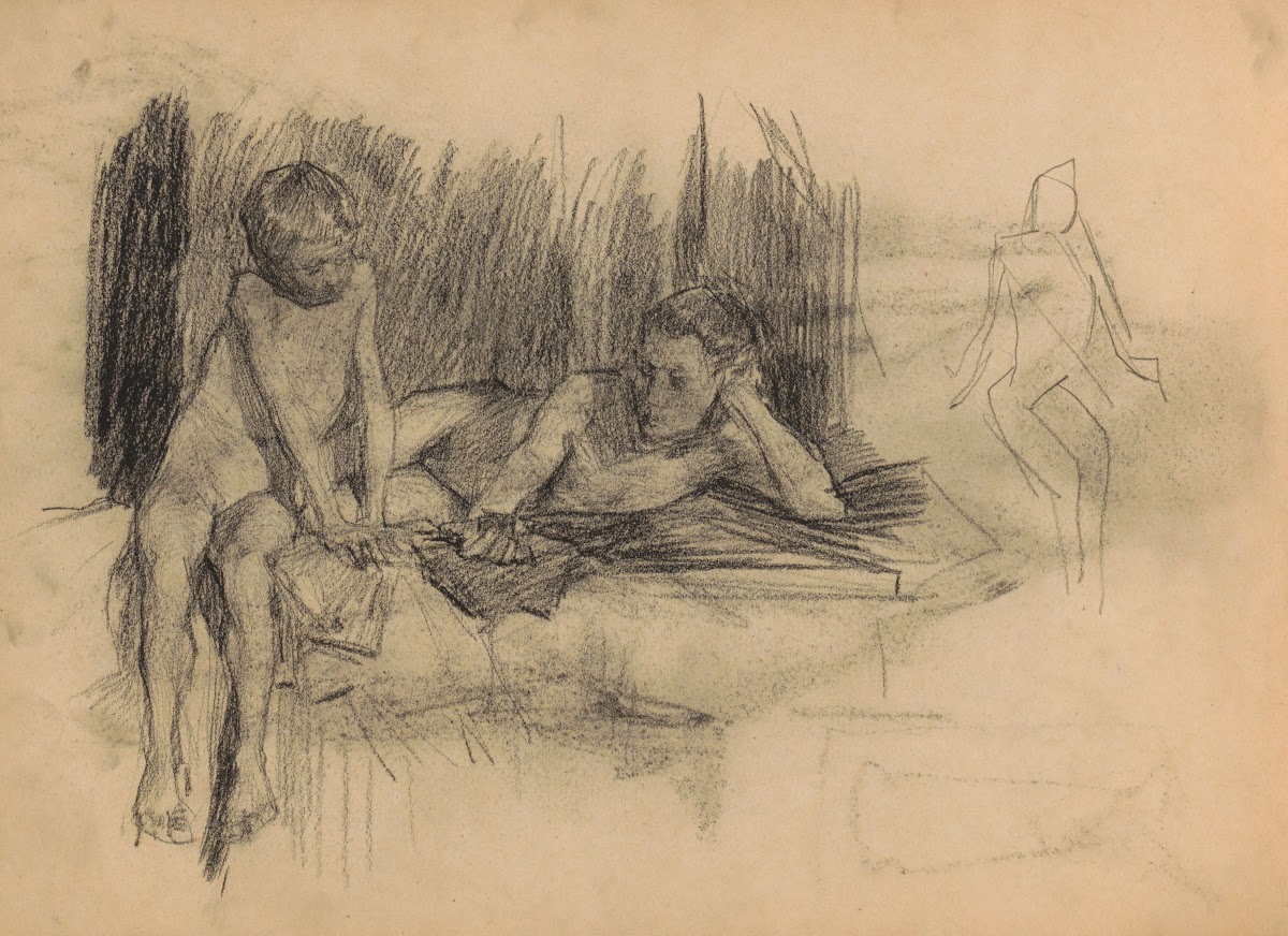 Naakte jongens op een bed 1887