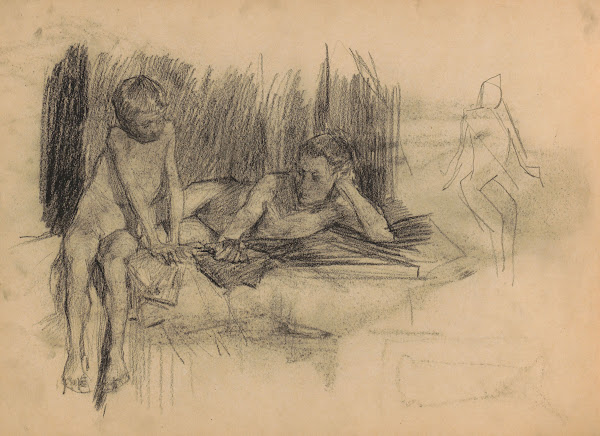 Naakte jongens op een bed 1887