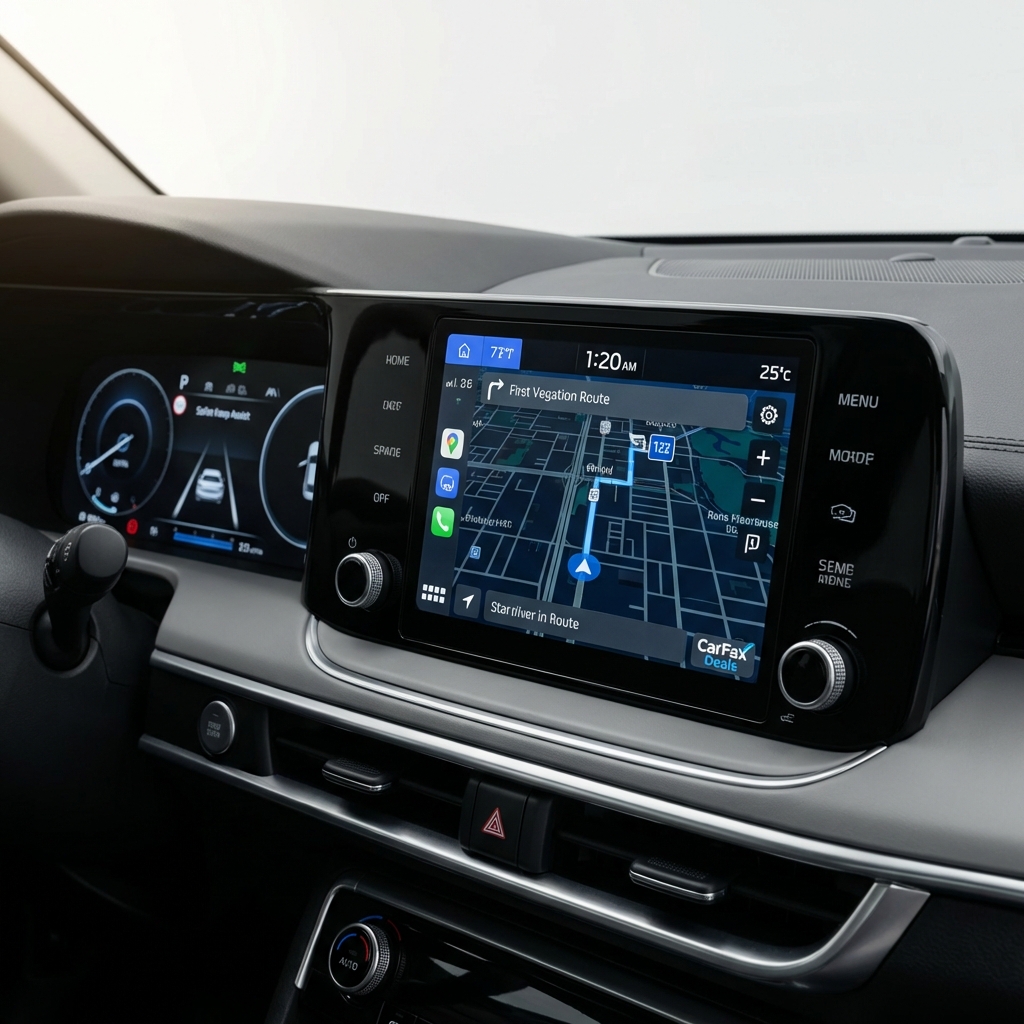 Close up Kia dashboard and infotainment screen displaying navigation map and modern safety icons minimalist interior white background blue UI highlights kia price increase reasons