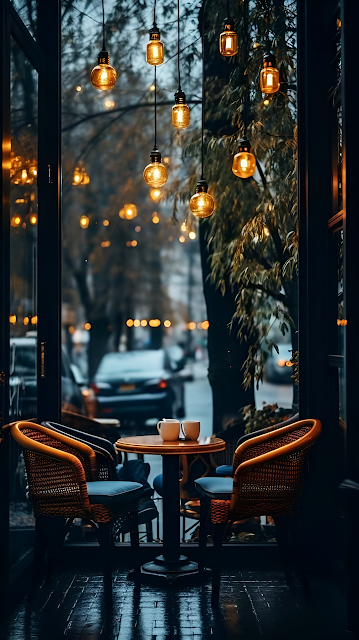 Cozy Cafe Table Under Warm Hanging Lights - Free mobile Wallpaper