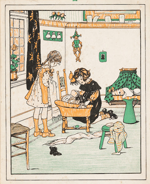 Twee meisjes doen een pop in bad 1916 1917