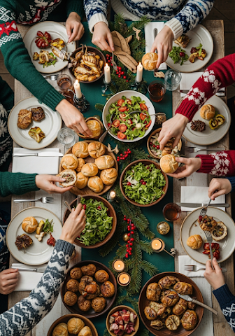 Overhead Christmas Dinner Spread
