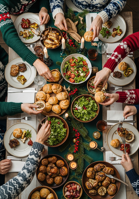 Overhead Christmas Dinner Spread