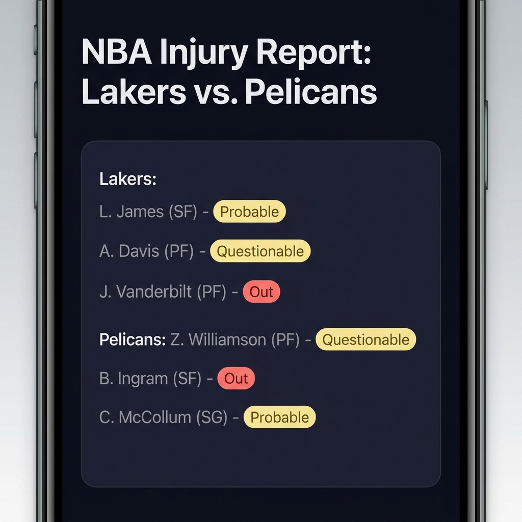 Close up mobile screen showing official NBA injury report with highlighted player statuses for a Lakers versus Pelicans matchup lakers pelicans prediction
