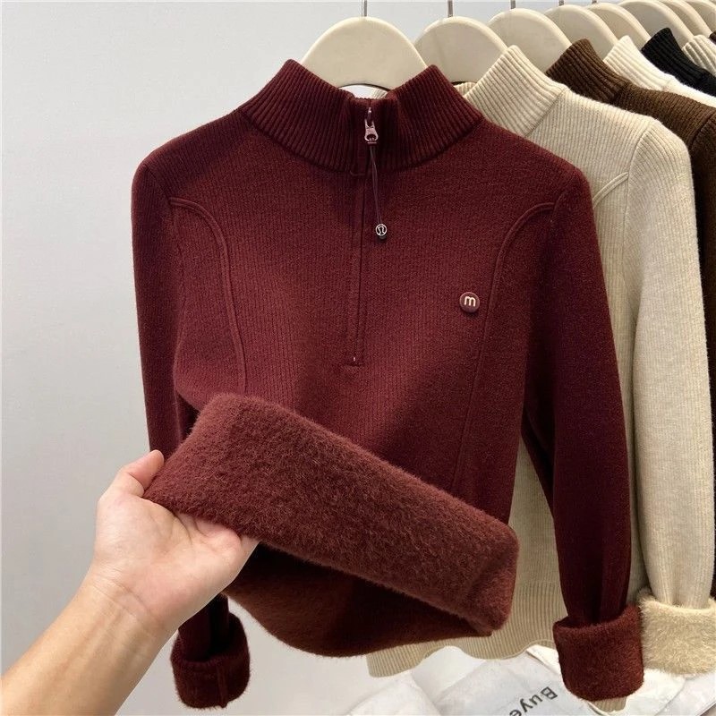 Damen-Strickpullover mit Reißverschluss und Stehkragen