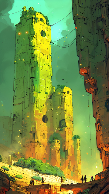 Monumental Sci Fi Ruins Neon Green Tower Digital Illustration - Free mobile Wallpaper