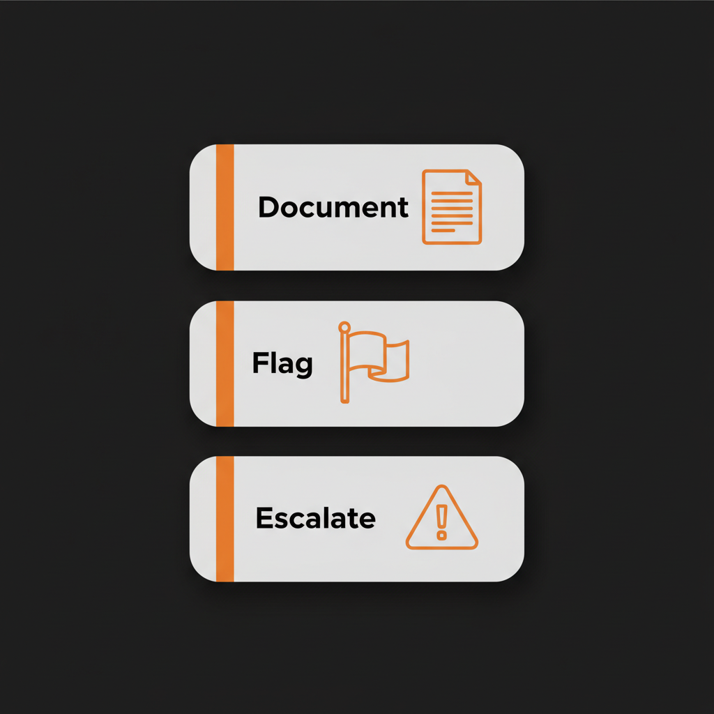 Minimal vector infographic showing three stacked cards labeled Document, Flag, Escalate in Social Success Hub brand colors illustrating steps to remove Google reviews.