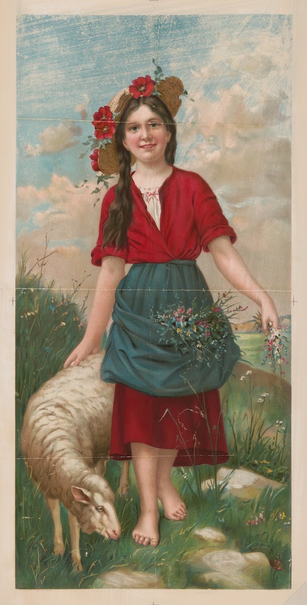 Young girl wearing a red dress and blue apron full of wildflower 1900