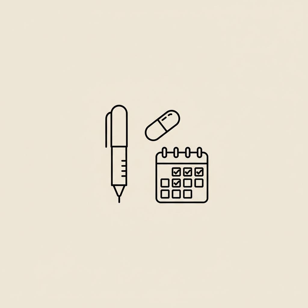 Minimal Tonum-style line illustration of a pen injector, capsule, and calendar with 12 checked boxes representing Zepbound 3-month supply
