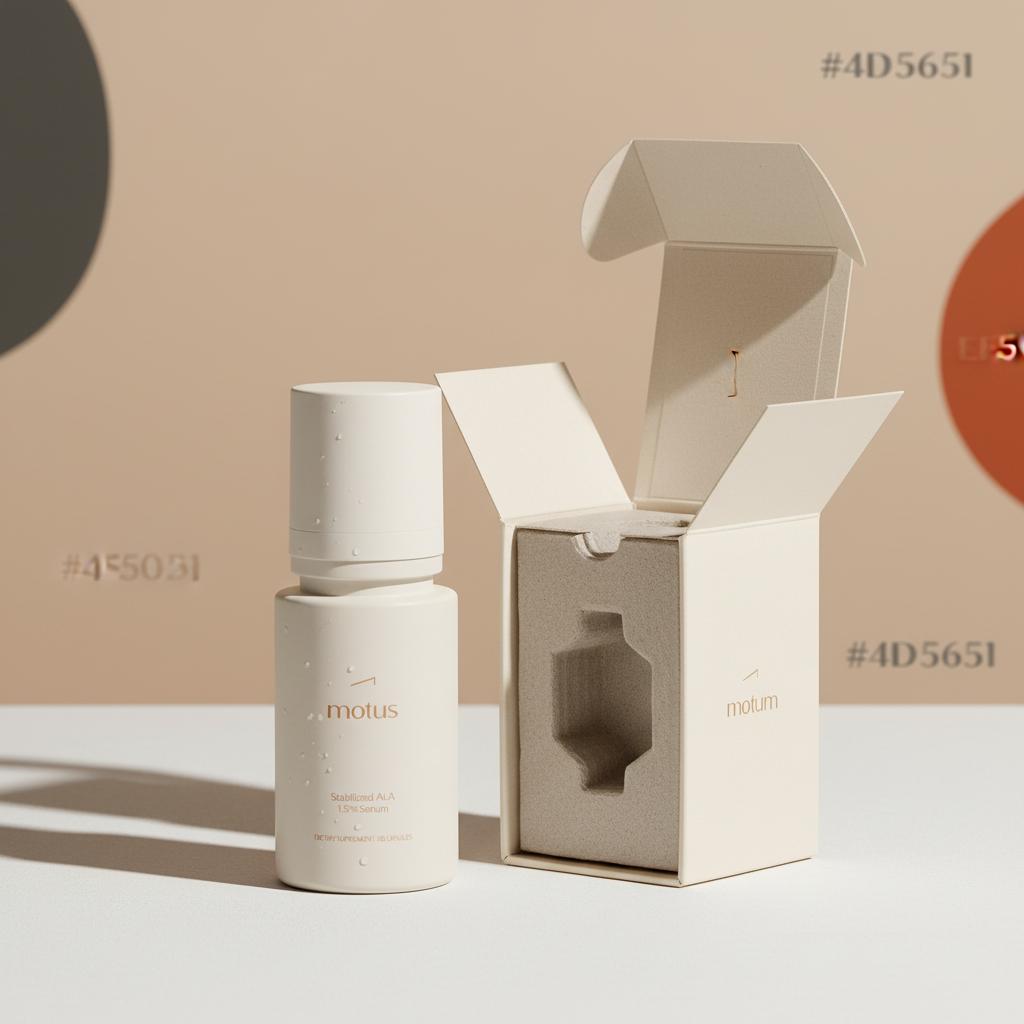 Close-up of a stabilized alpha-lipoic acid serum airless pump bottle with open box and protective inner packaging on a white countertop against a neutral beige #F2E5D5 background.