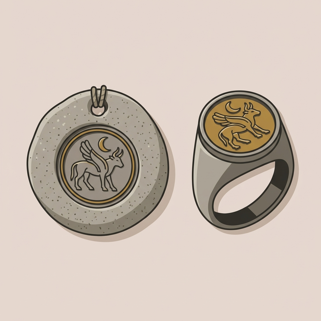 Minimalist 2D vector of an ancient signet ring beside a clay bulla with an impressed seal on a warm beige background ede7da, accents ae8339 and outlines 34332e