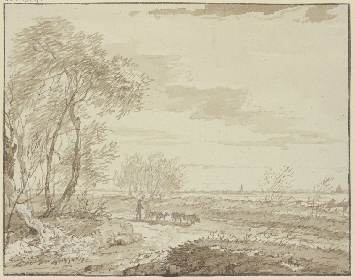 Landschaft mit Fernsicht links Bäume auf dem Weg eine Schafherde