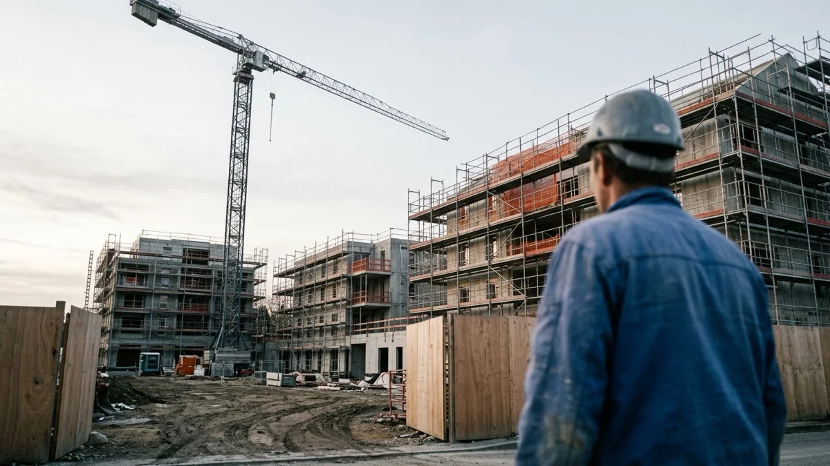 Chantier d'immeubles de logements sociaux avec grue en périphérie urbaine française